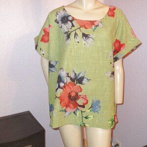 Anthropologie RD & Koko Linen Blouse Top 3X Floral Tunic Oversized Short Sleeves